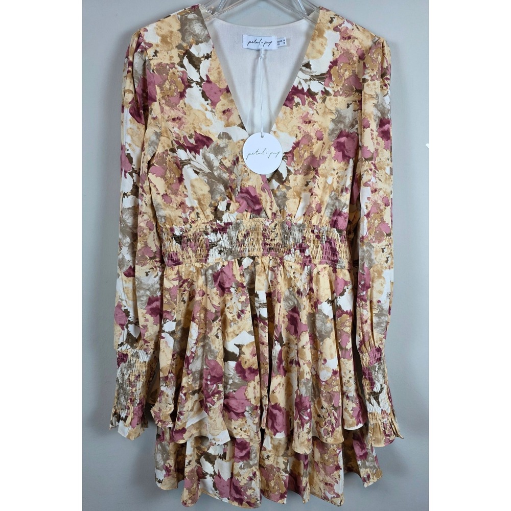 Petal & Pup Meadow Dress Rose Floral Print Smocked Waist Tiered Mini‎ Sz 10